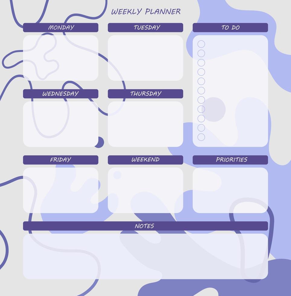 veckoplanerare mall. en planerare för veckoorganisation av tid med abstrakt bakgrund. vektor