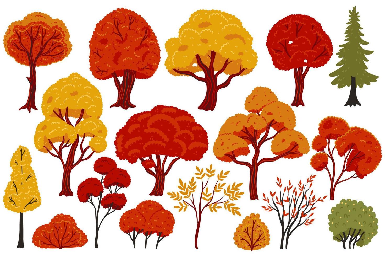 Bäume und Sträucher im Herbst isoliert auf weißem Hintergrund. Vektorgrafiken. vektor