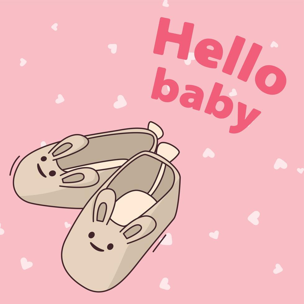 tecknat presentkort för barn med text hej baby och bild på söta sandaler med en hare. vektor