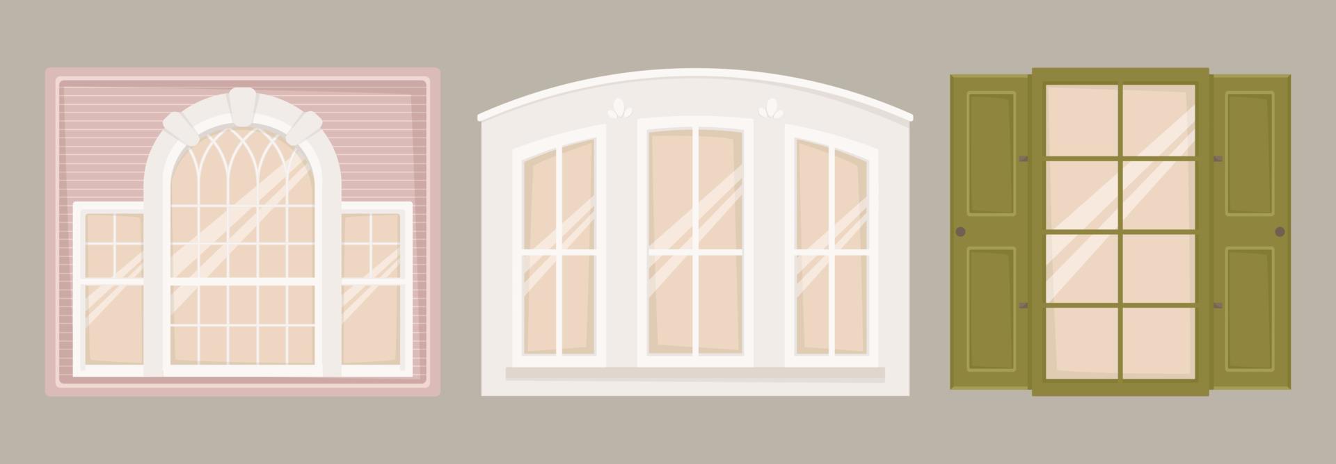 Vektor-Illustration-Satz von architektonischen Bildern. Fenster in verschiedenen Formen und Größen im klassischen Stil. Äußeres und Dekor von Gebäuden. vektor