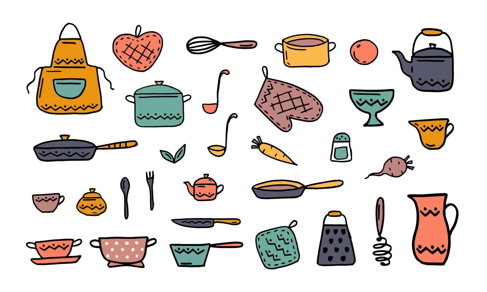 Set von Küchenutensilien Handzeichnung Skizze mit Doodle-Stil isoliert auf weißem Hintergrund. Vektorvorratillustration. vektor