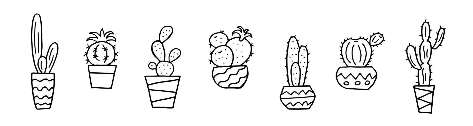 Reihe von Kakteen in einem Blumentopf Handzeichnung Skizze im Doodle-Stil isoliert auf weißem Hintergrund. Vektorvorratillustration. vektor