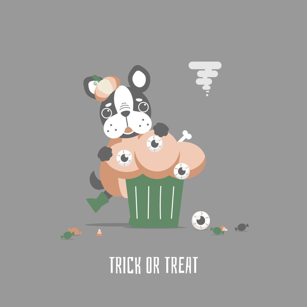 fröhliches halloween-feiertagsfestival mit niedlichem hunde- und augapfelcupcake, flaches vektorillustrations-cartoon-charakterdesign vektor