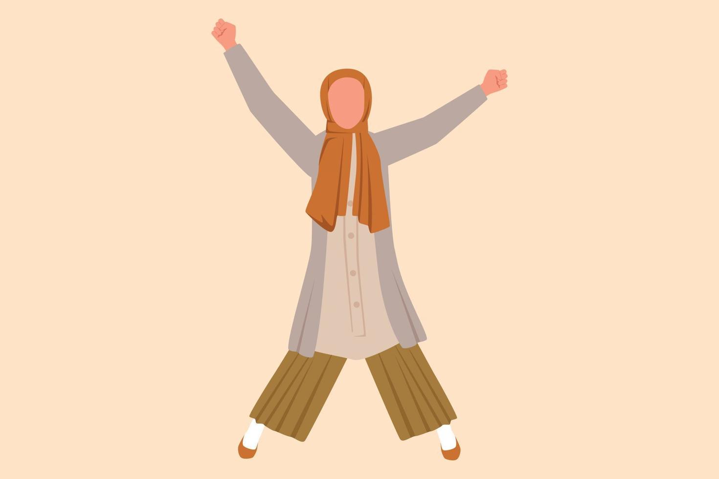 business flat cartoon style zeichnung glückliche arabische geschäftsfrau, die mit gespreizten arm und beinen springt. arbeiter feiern den erfolg des unternehmensprojekts. Manager erreichen Ziel Ziel. Grafikdesign-Vektorillustration vektor