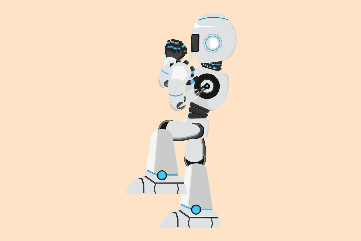Business-Design-Zeichnung glücklicher Roboter, der mit einem erhobenen Bein steht und eine Ja-Geste macht. zukünftige Technologieentwicklung. maschinelles lernen mit künstlicher intelligenz. flache Cartoon-Stil-Vektor-Illustration vektor