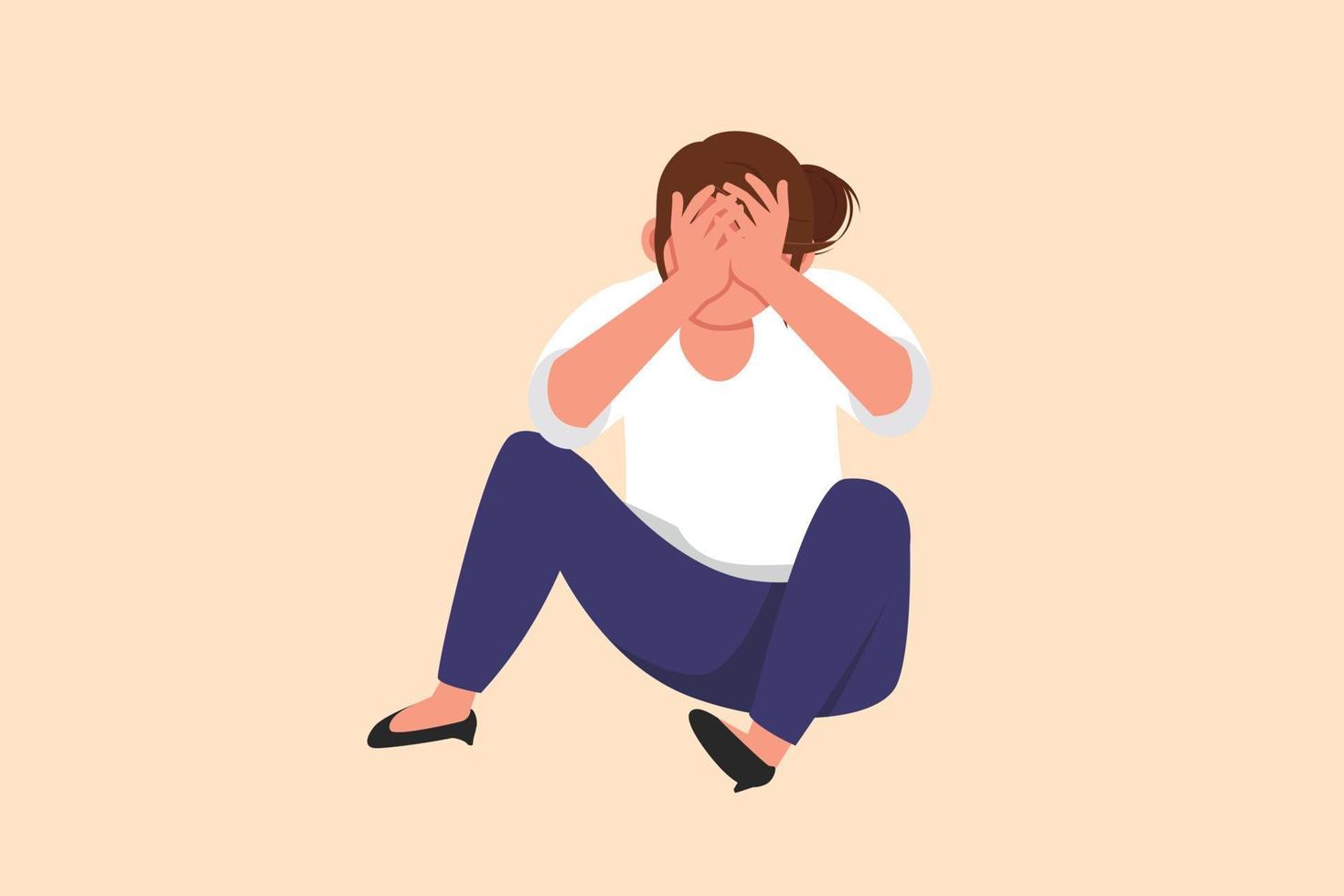 business flat cartoon style zeichnung deprimiert geschäftsfrau traurig mit kopf halten und auf dem boden sitzen. frustrierter arbeiter mit psychischen gesundheitsproblemen. Grafikdesign-Vektorillustration vektor