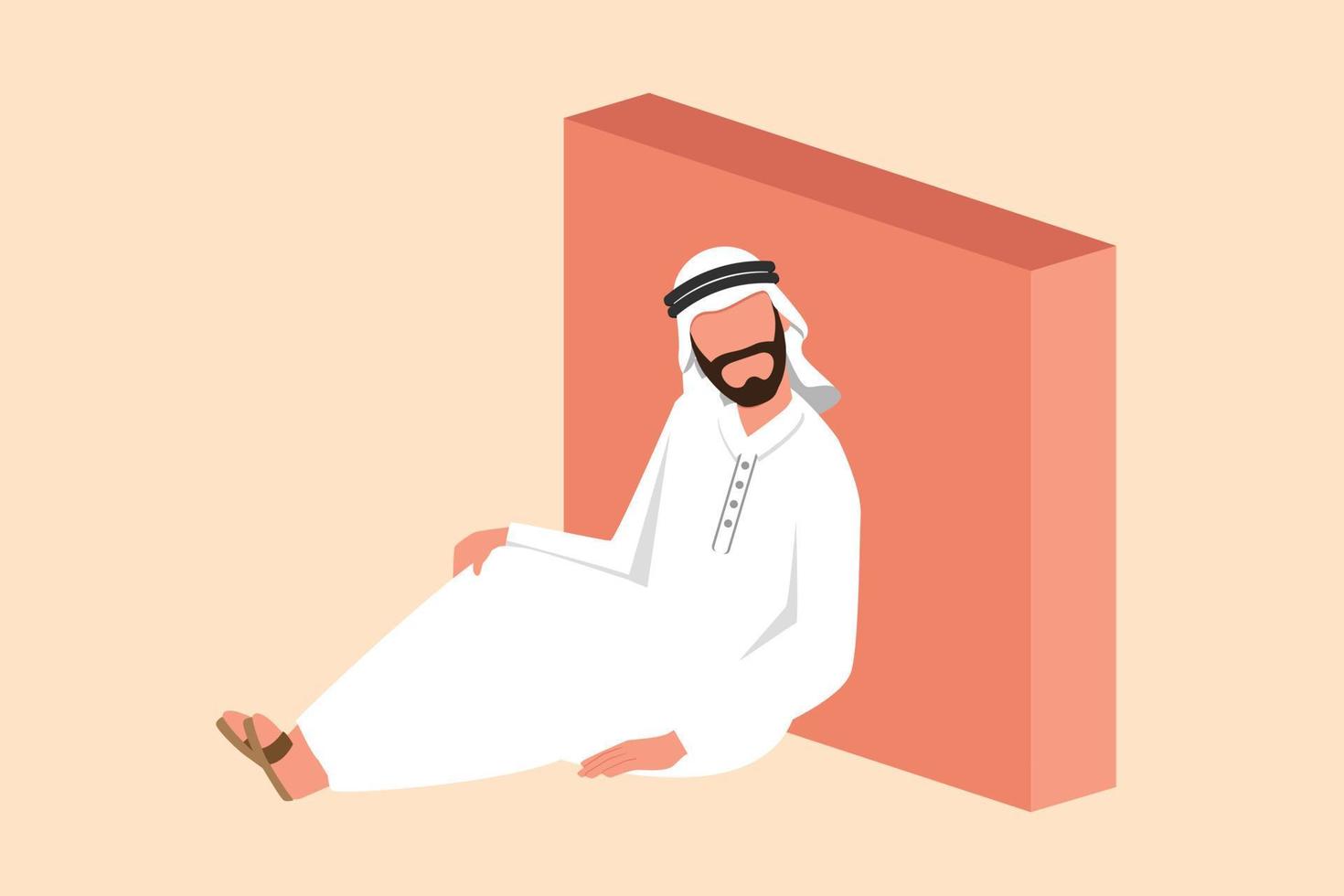 Business-Design-Zeichnung depressiver junger arabischer Geschäftsmann, der verzweifelt auf dem Boden sitzt. Unternehmer trauriger Gestenausdruck. professionelles Burnout-Syndrom. flache Cartoon-Stil-Vektor-Illustration vektor