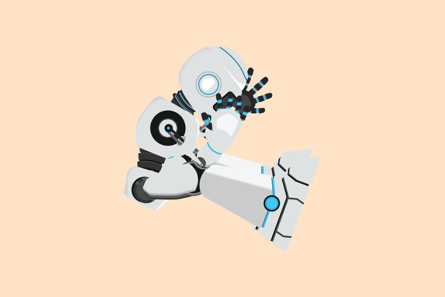 Business-Flachzeichnung deprimierter Roboter, der sich traurig fühlt, auf dem Boden zu sitzen. gestresster Cyborg, der seinen Job verliert. humanoider Roboter kybernetischer Organismus. zukünftige Roboterentwicklung. Cartoon-Design-Vektor-Illustration vektor