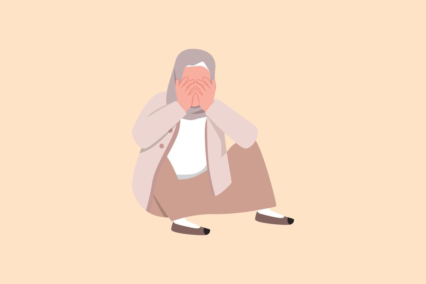 business platt tecknad stil ritning deprimerad arabisk affärskvinna täcker hennes ansikte med händer och sitter på golvet. depression, sorg, sjuk, besvikelse symptom. grafisk design vektor illustration