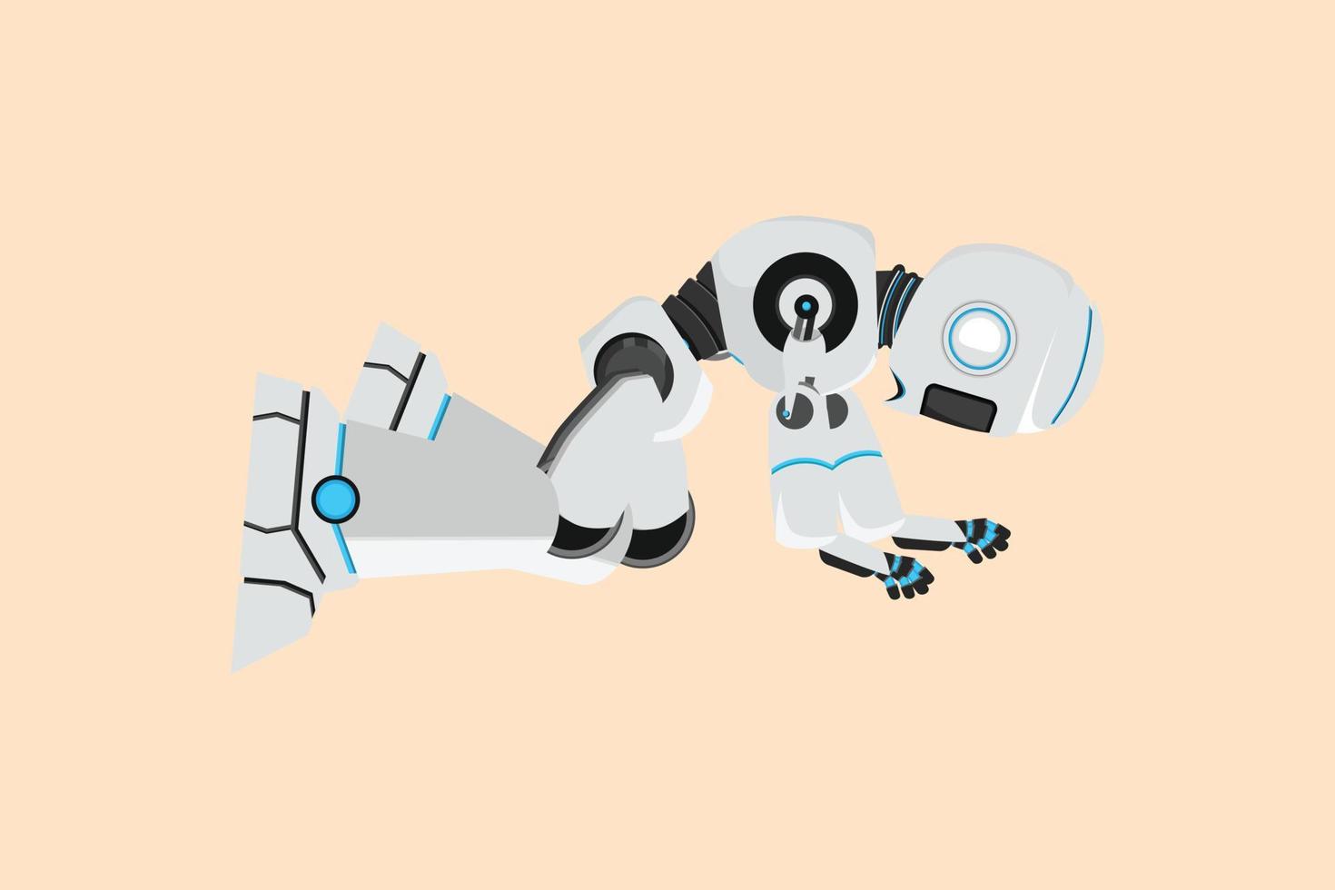 Business Flat Cartoon Style Zeichnung depressiver Roboter, der verzweifelt auf dem Boden kriecht. frustrierter oder gestresster cyborg, der seinen job verliert. moderne robotische künstliche Intelligenz. Grafikdesign-Vektorillustration vektor