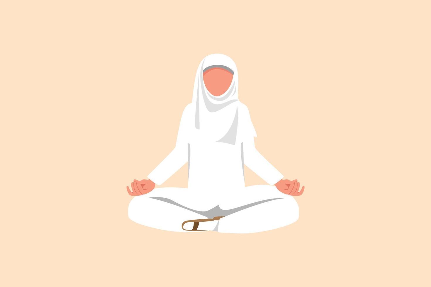 business platt tecknad stil ritning avslappnad arabisk affärskvinna gör yoga och vila från jobbet. arbetare sitter i yogaställning, meditation, avkopplande, hantera stress. grafisk design vektor illustration