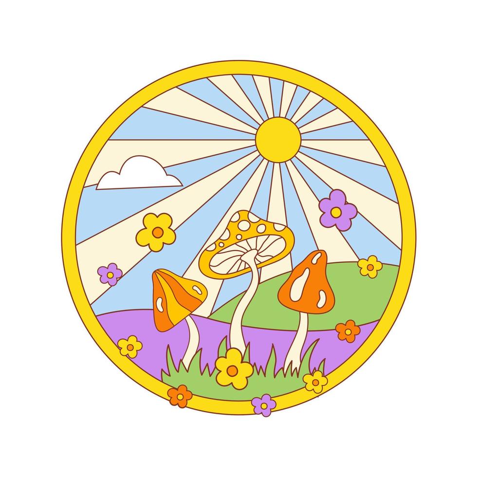 Retro-Hippie-Illustration mit süßen groovigen Blumen, Sonnenstrahlen und Pilzen isoliert auf weißem Hintergrund. trendiges Vektorgrafikdesign im Stil der 70er, 80er Jahre. vektor