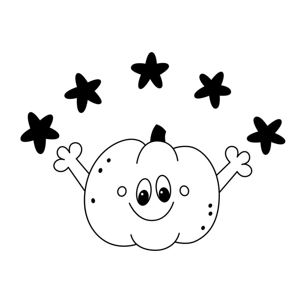 doodle söt leende pumpa med stjärnor festlig barnslig glad halloween designelement kontur vektor