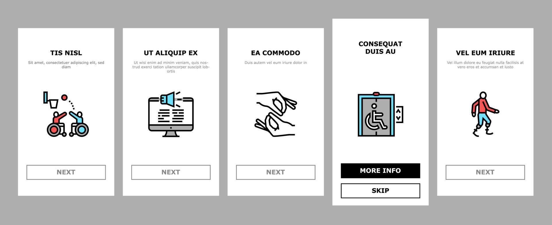 Onboarding-Symbole für Behindertentechnologie setzen Vektor