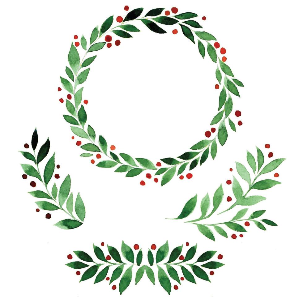 Aquarellset mit Kranz, Rahmen und Zweigen mit grünen Blättern auf weißem Hintergrund. weihnachtselemente kranz, zweige, grüner farbtextteiler, handzeichnung. Winterdesign für Urlaubskarte vektor