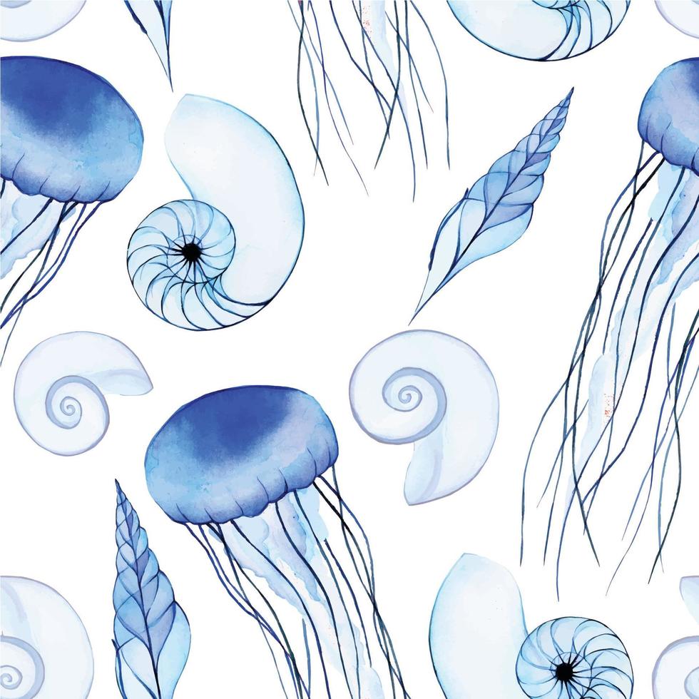 Aquarell Musterdesign mit Meereslebewesen. transparente Muscheln, blaue Blumenquallen auf weißem Hintergrund. einfacher Druck, Hintergrund zum Thema Meer, Ozean. vektor