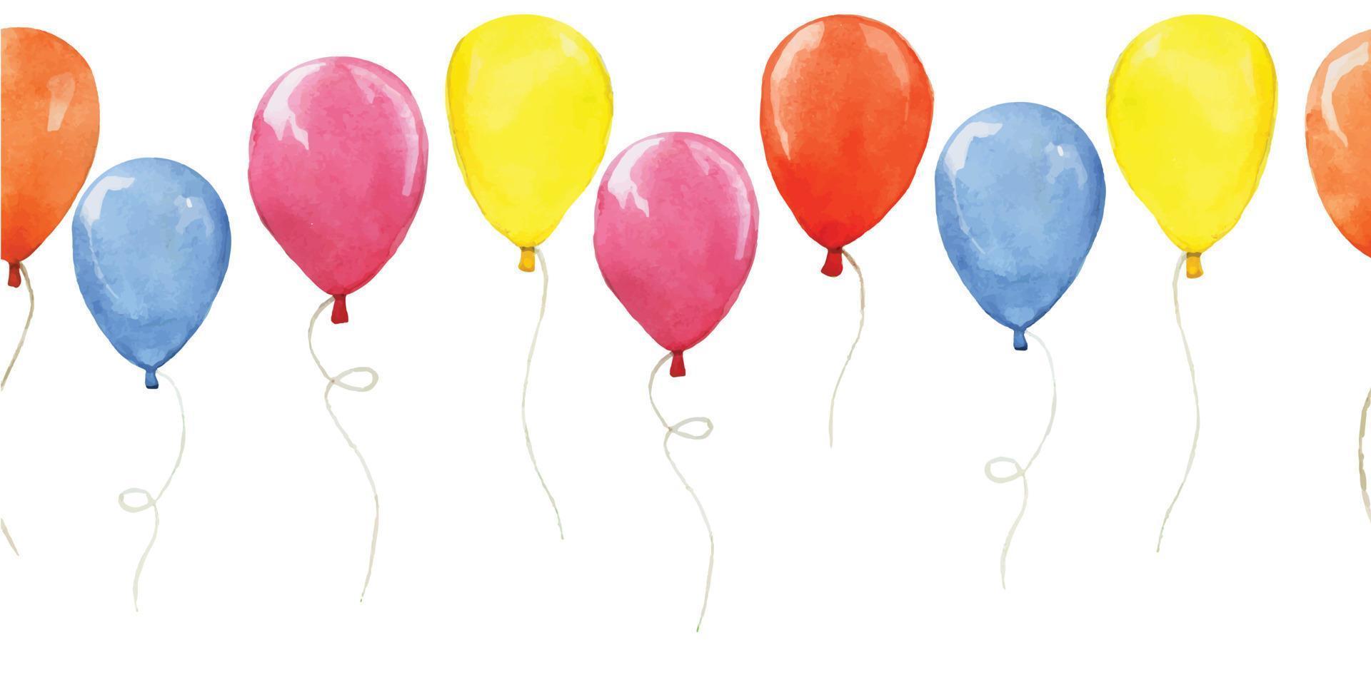 Aquarell nahtlose Grenze, Muster mit farbigen Luftballons. Clipart, Design für Geburtstag, Urlaub, Party. süße Luftballons in blau, rot, gelb und pink vektor