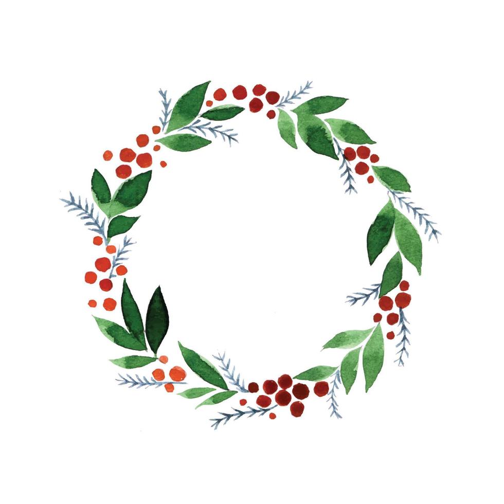 söt akvarellteckning, julkrans. krans av gröna löv och röda bär, enkel akvarellteckning för dekoration för det nya året, jul, vinterlov vektor