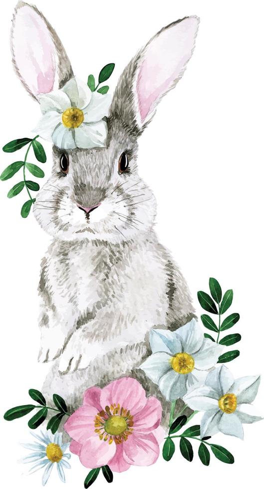 söt akvarell illustration med påskharen. realistisk teckning av en kanin, hare med vårblommor. symbol för påsk, vår. söt teckning för barn. dekoration för vykort, clipart vektor