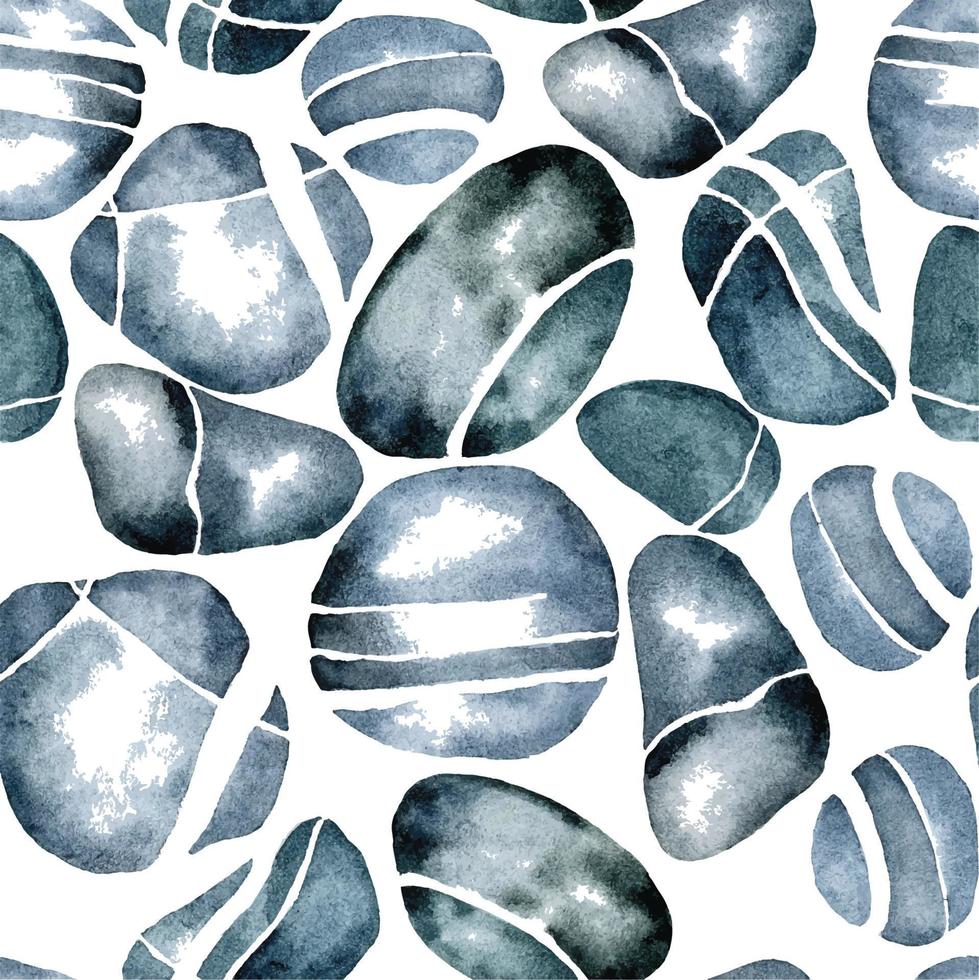 aquarell nahtloses muster mit flusskieseln. ovale glatte Steine von graublauer Farbe mit weißen Adern, Streifen. isoliert auf weißem Hintergrund. einfacher Druck des Meeresbodens, des Grundes des Flusses vektor