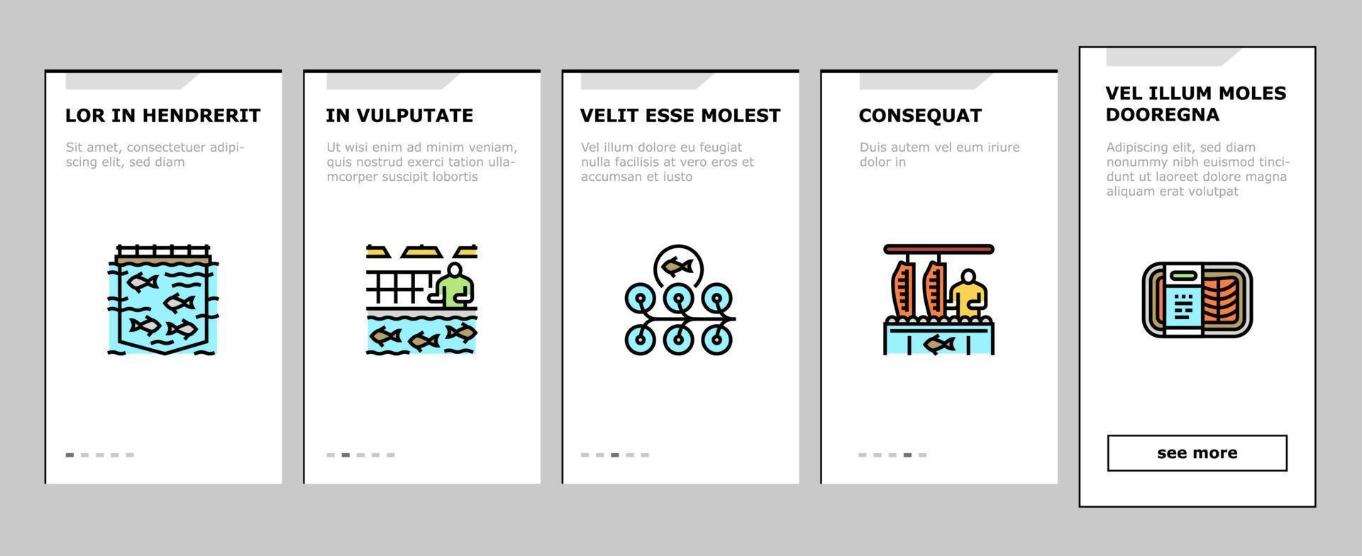 lachsfische köstliche meeresfrüchte onboarding icons set vektor