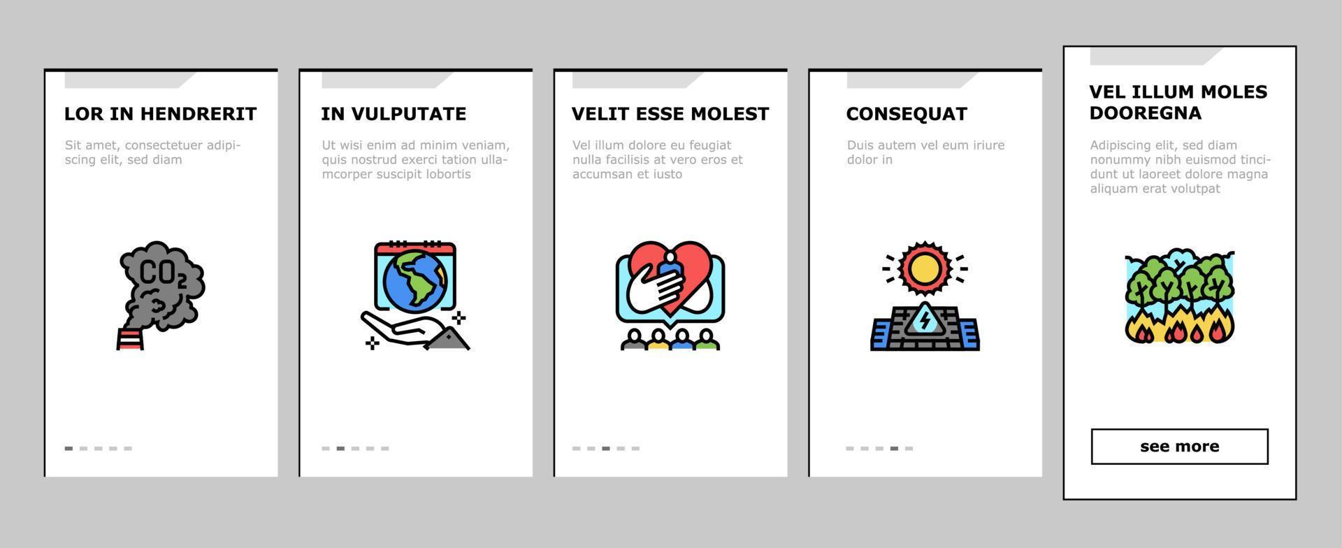 klimatförändringar och ekoproblem onboarding ikoner som vektor