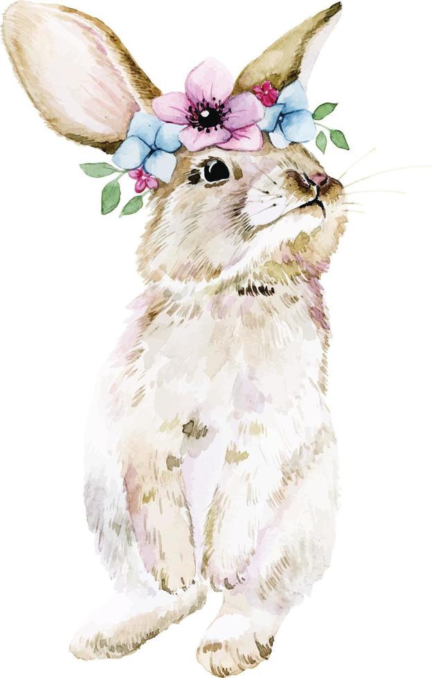 Aquarellzeichnung Osterhase, Hase mit Blumenkranz. Süßes Kaninchen steht auf seinen Hinterbeinen isoliert auf weißem Hintergrund, mit Frühlingsblumen in rosa und blauer Farbe. Clip Art vektor