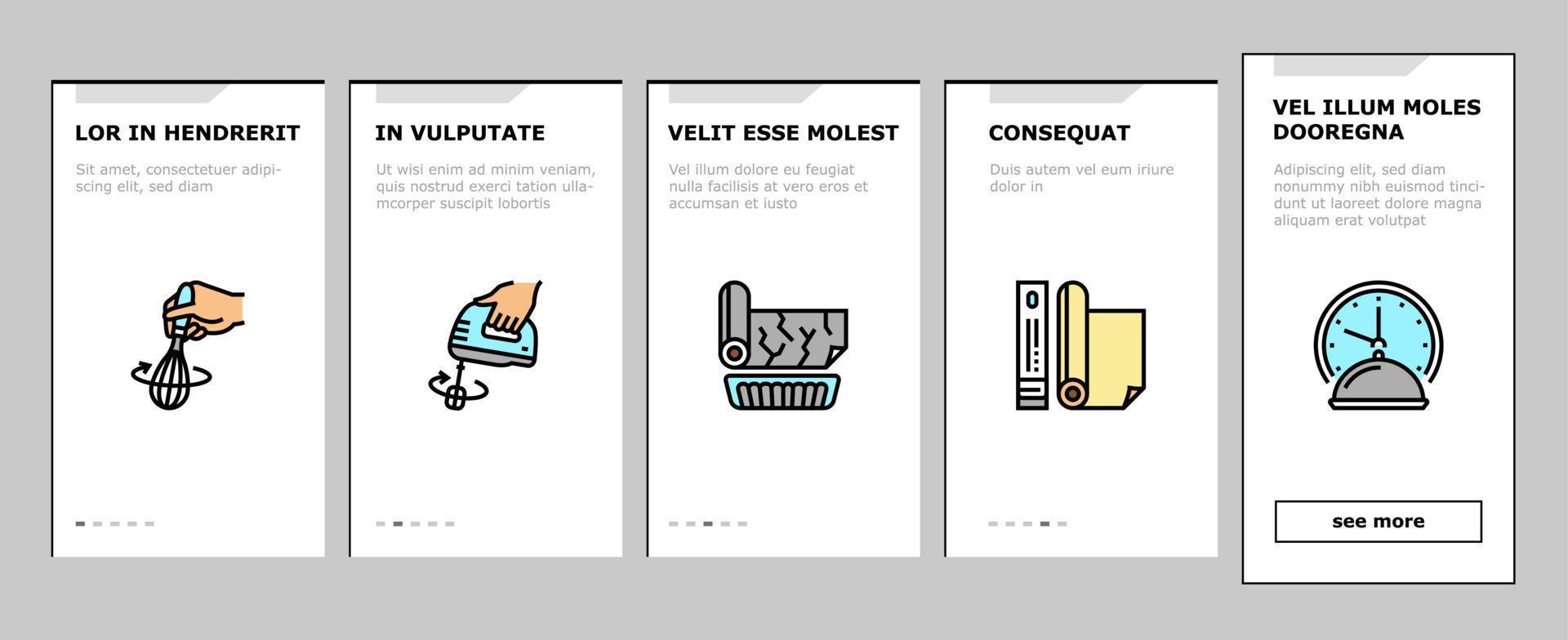 kochanleitung für die vorbereitung der mahlzeit onboarding icons set vector