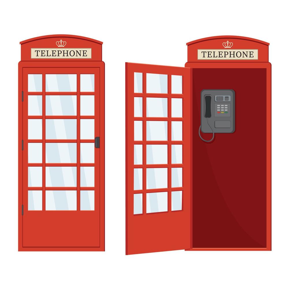 röd telefonkiosk med öppen dörr, färg vektor isolerade tecknad stil illustration