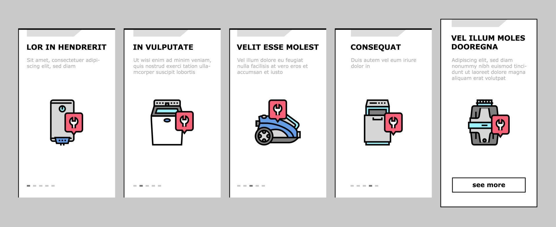 geräte reparatur wartung onboarding icons set vektor