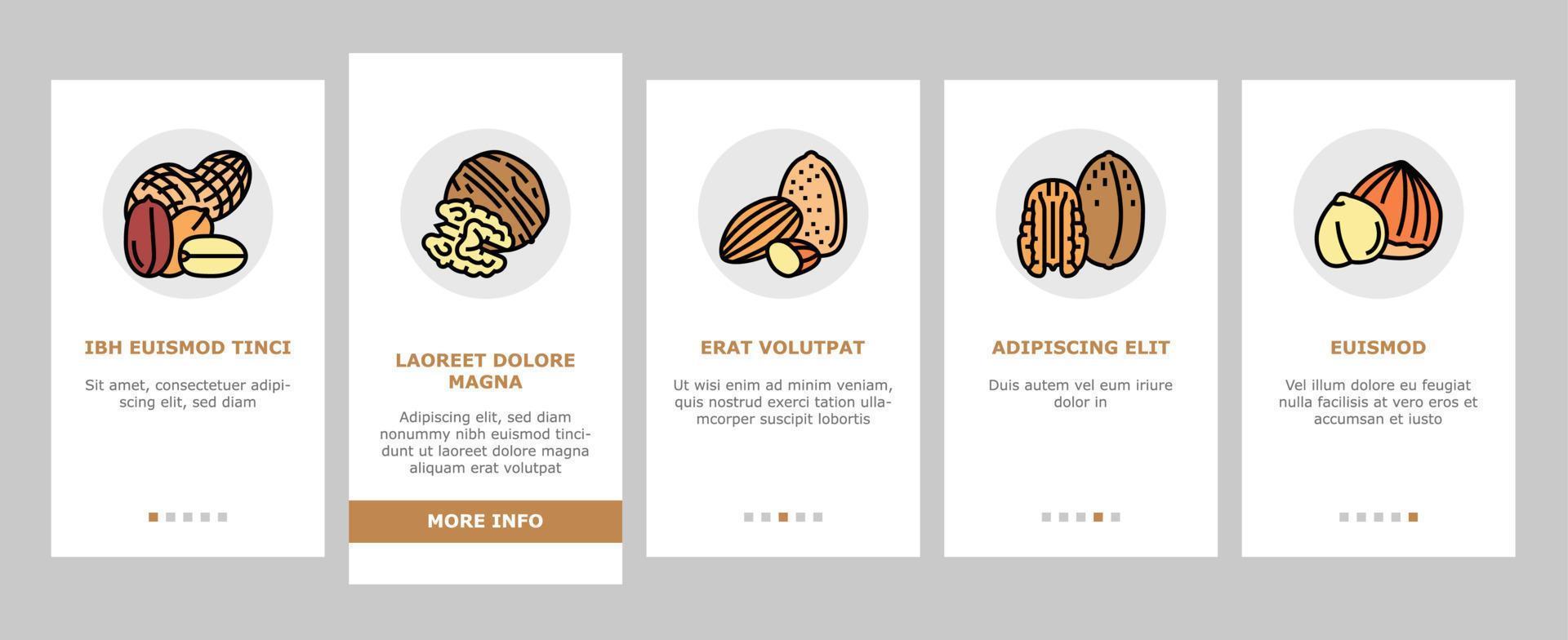 nuss köstliche natürliche ernährung onboarding icons set vektor