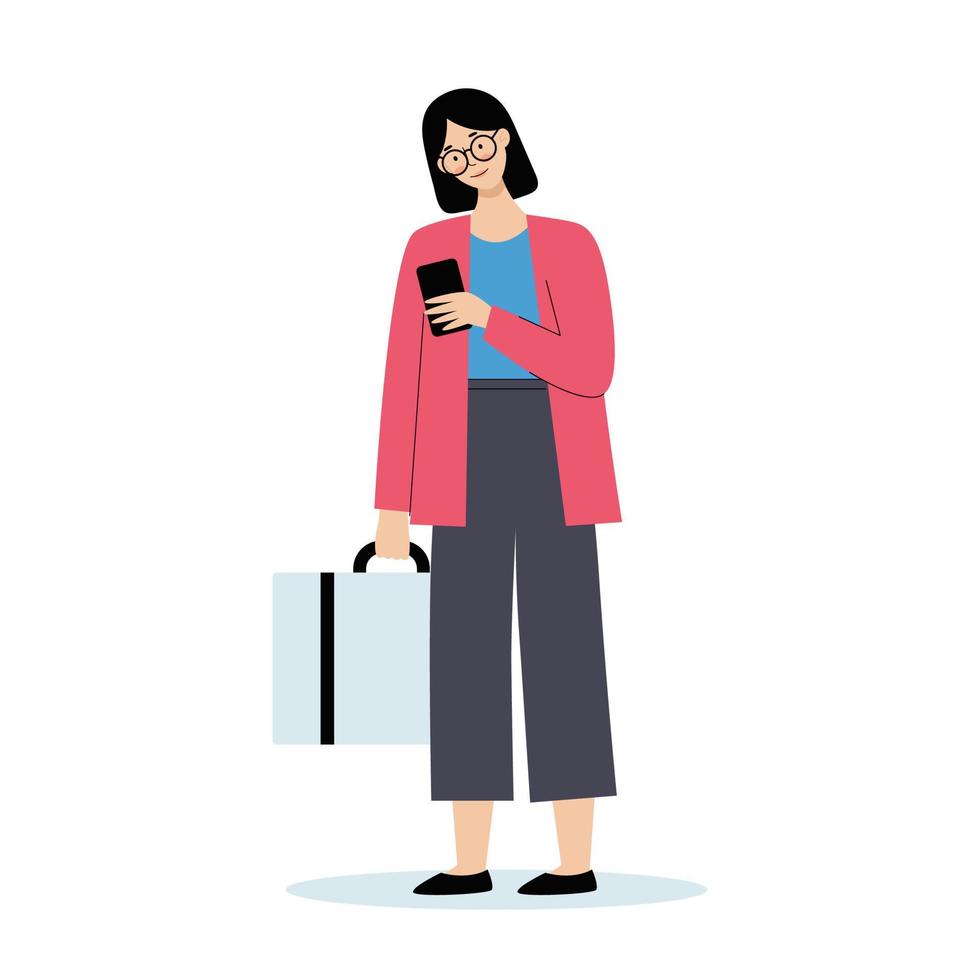 ung kvinna med bagage på flygplatsen. resor, semester koncept. vektor illustration i platt stil isolerad på vit bakgrund.