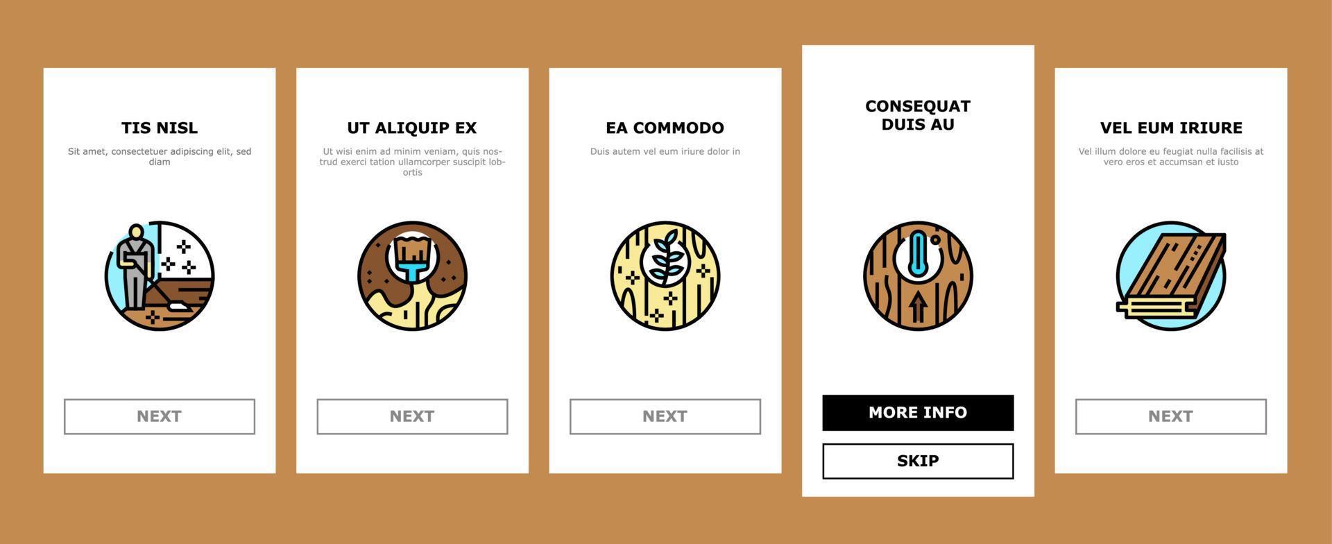 Hartholzboden und Treppe renovieren Onboarding-Icons setzen Vektor