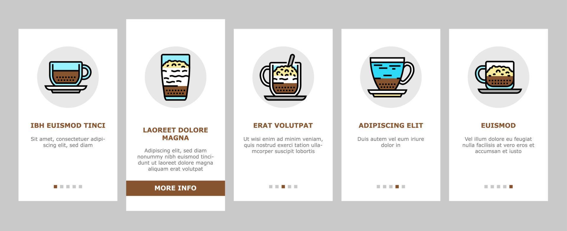 kaffeearten energie morgendrink onboarding icons set vektor