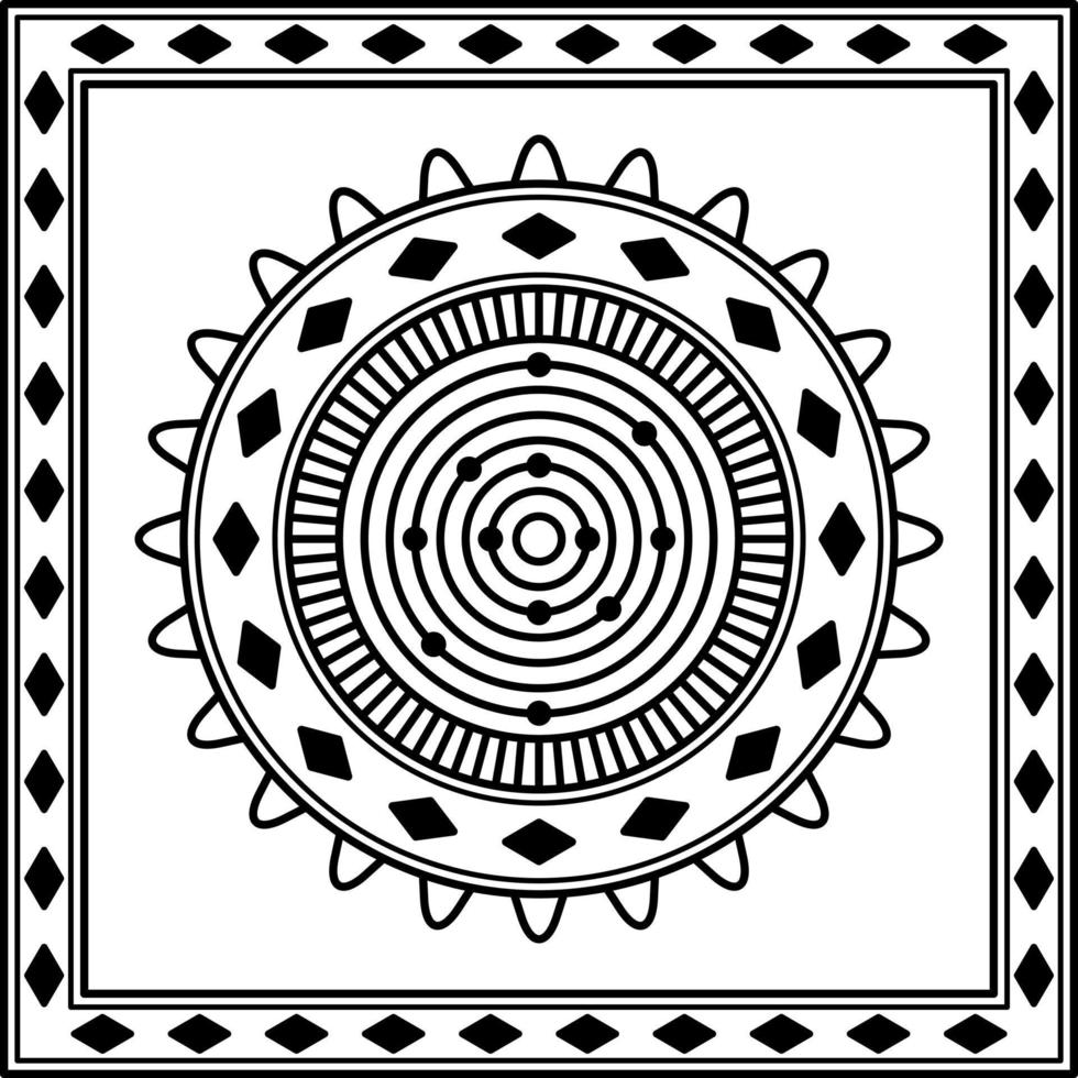 rundes Mandala-Ornament mit Kreismuster und quadratischem Rahmen auf weißem Hintergrund. Kunst, Linie, Silhouette, kreativer und einzigartiger Stil. geeignet für symbol, dekor, fliesen, druck, tapeten und textilien vektor