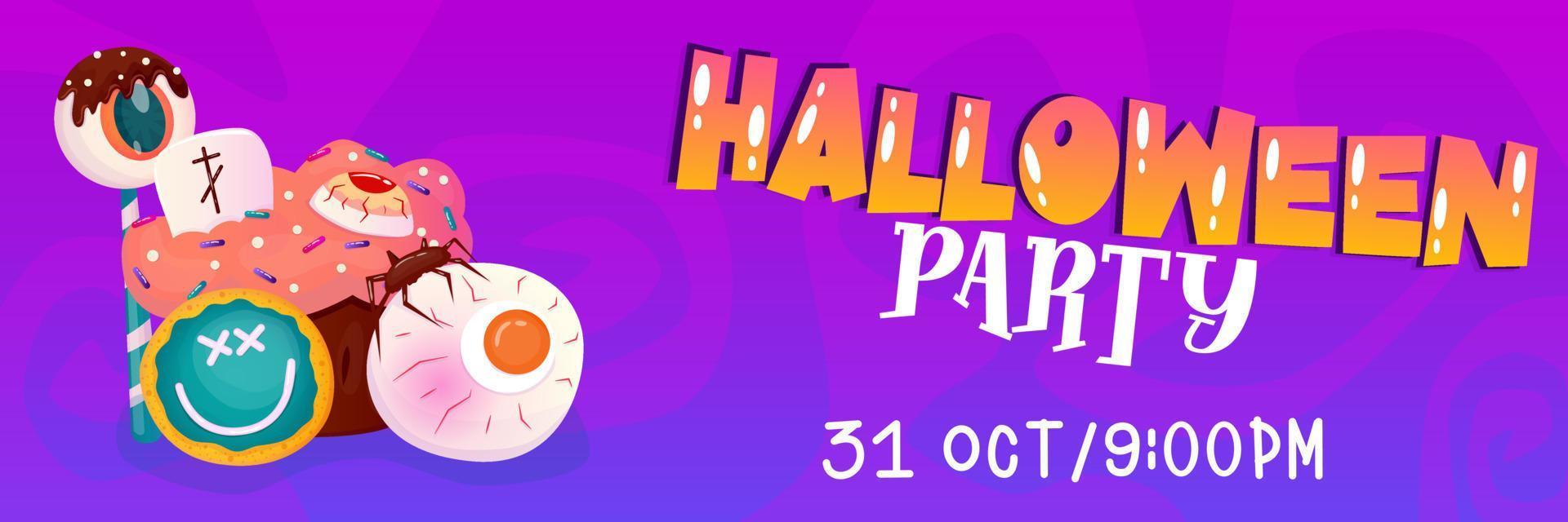 glad halloween mall banner bakgrund med sött och godis, tårta. tecknad vektorillustration. mörklila bakgrund. glad Halloween. vektor design.