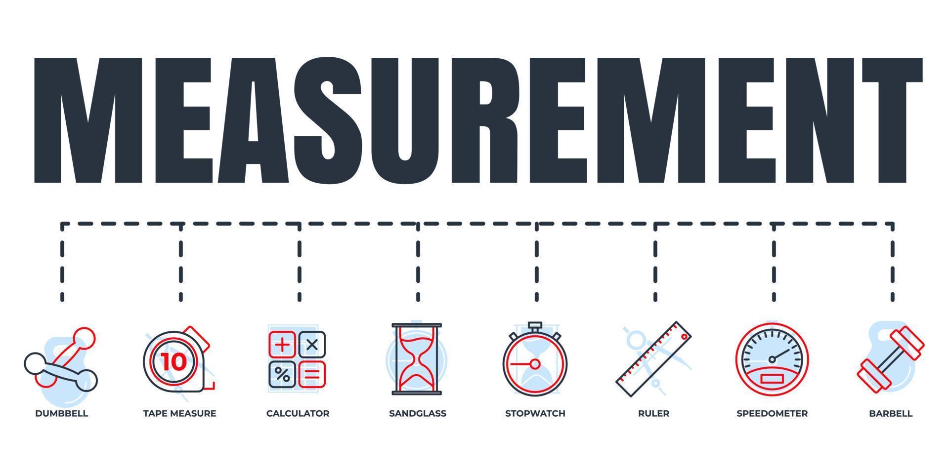 messen, messen, messung banner web icon set. stoppuhr, lineal, maßband, sanduhr, geschwindigkeitsmesser, langhantel, rechner, hantelvektorillustrationskonzept. vektor