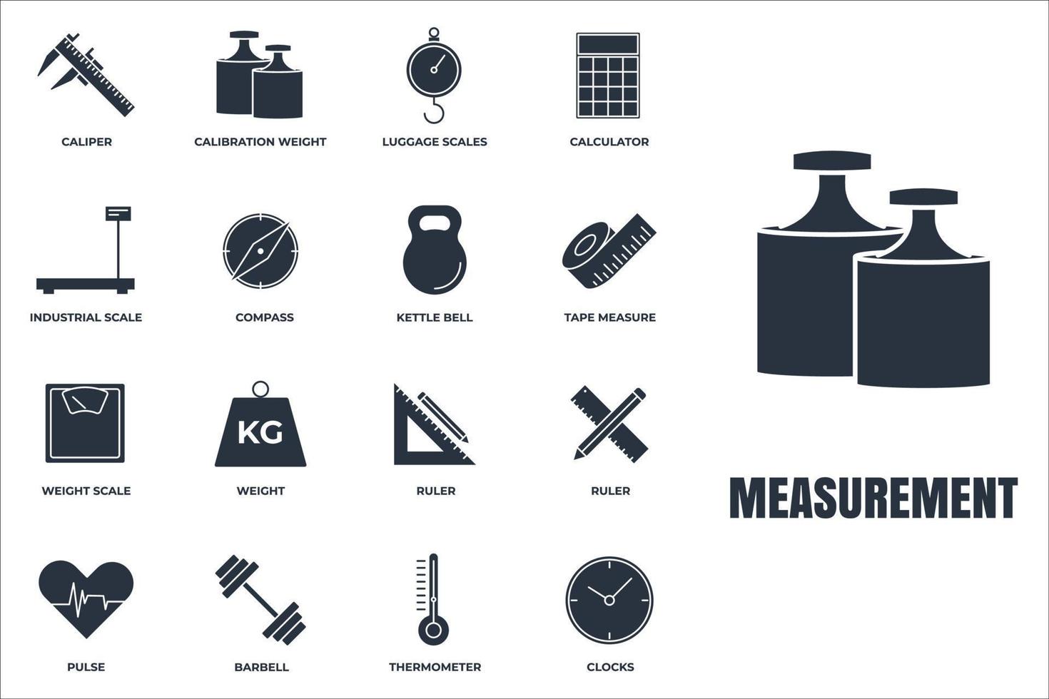 uppsättning av mätning ikon logotyp vektorillustration. mått, mätpaketsymbol. kettle bell, linjal, viktskala och mer mall för grafisk och webbdesign samling vektor