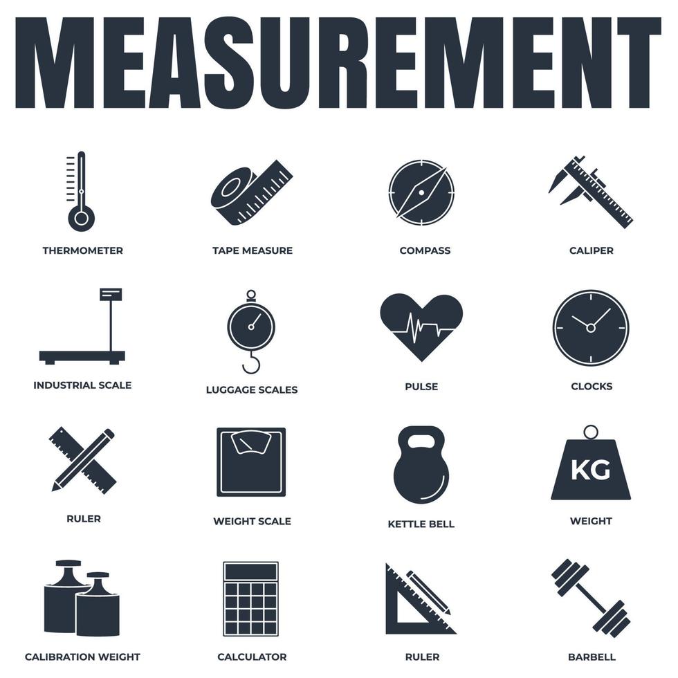uppsättning av mätning ikon logotyp vektorillustration. mått, mätpaketsymbol. kettle bell, linjal, viktskala och mer mall för grafisk och webbdesign samling vektor