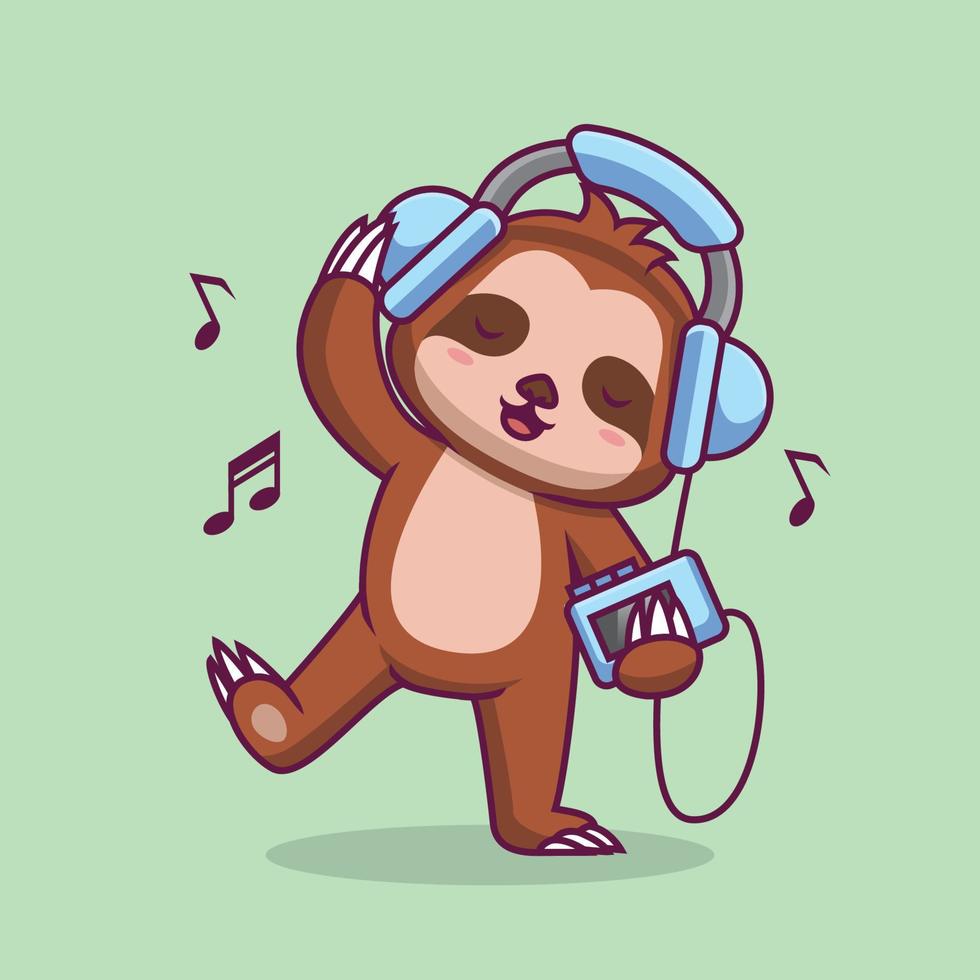 söt sengångare lyssnar musik med hörlurar tecknad illustration vektor