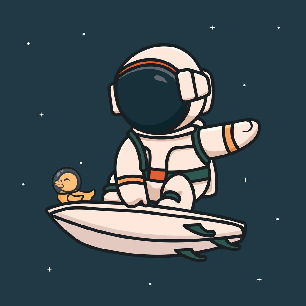 karikaturillustration des astronauten, der mit einer kleinen ente im weltall surft vektor