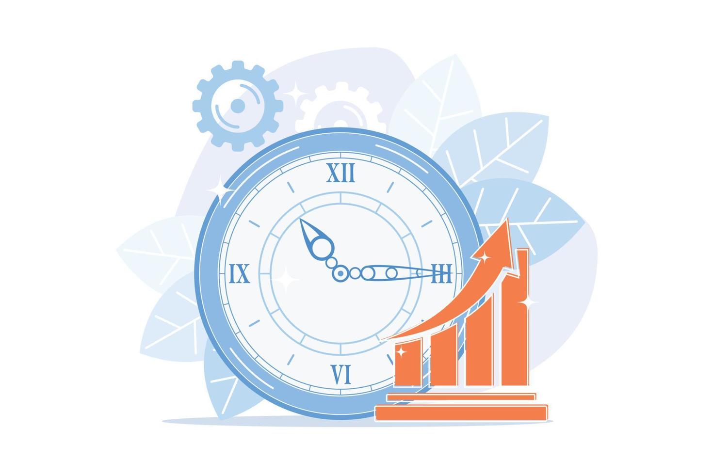 klocka och ökande diagram. produktivitetsökning i arbetsflödet, optimering av arbetsprestanda, effektivitetsindikator. ökande effektivitetsmått. vektor illustration