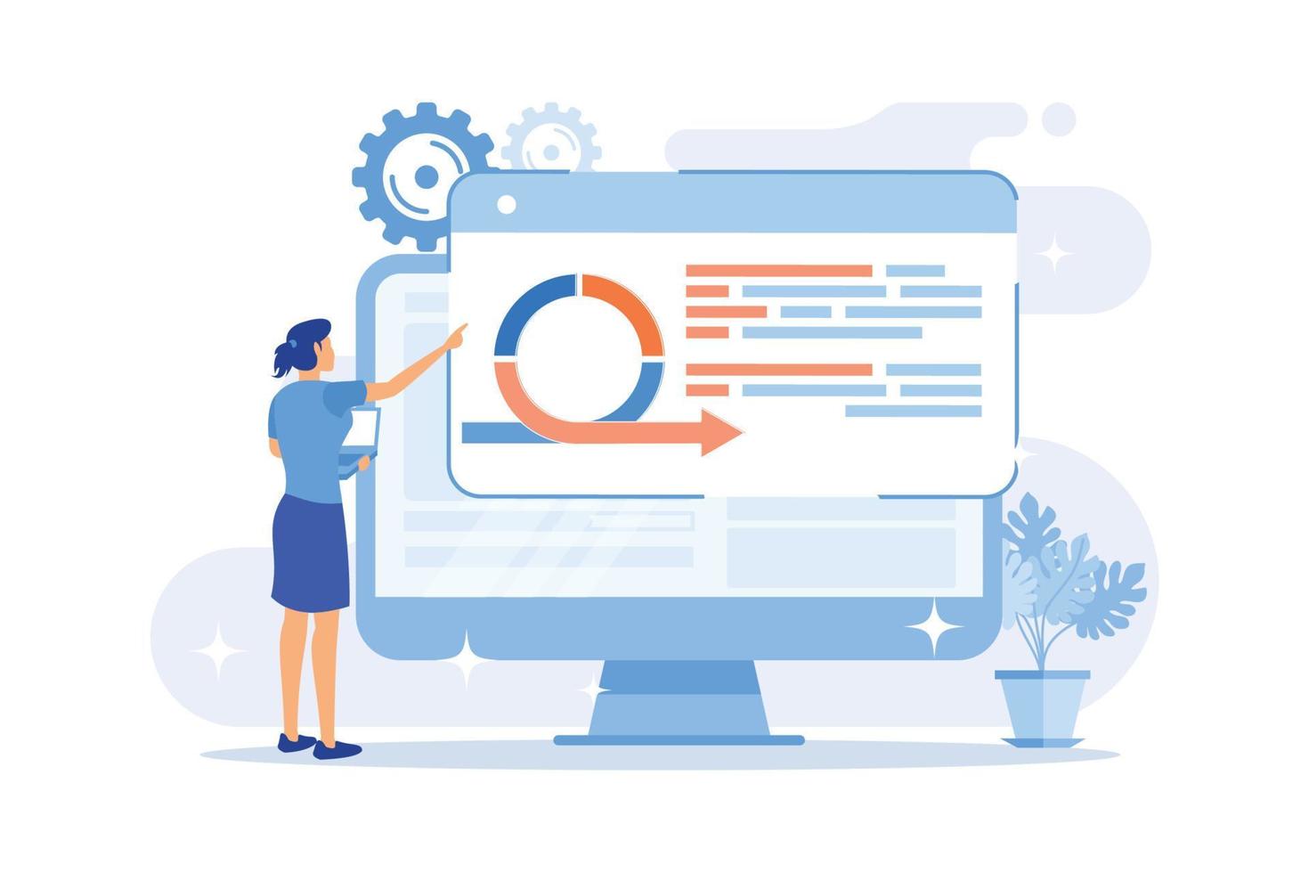 frau, die softwarezeichentrickfigur verwendet. Arbeitsprozess, Workflow-Analyse, Testen von Internetplattformen. Programmiererin, professionelle Finanzanalystin. Vektor-Illustration vektor