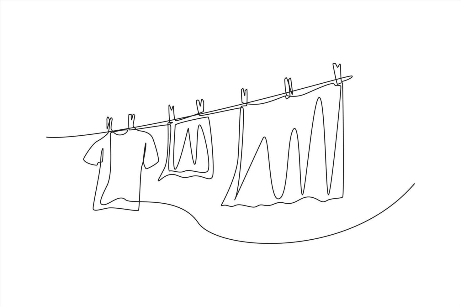 kontinuierliche eine Linie, die saubere Kleidung zeichnet, die an einem Seil hängt. Wäscheservice-Konzept. einzeiliges zeichnen design vektorgrafik illustration. vektor