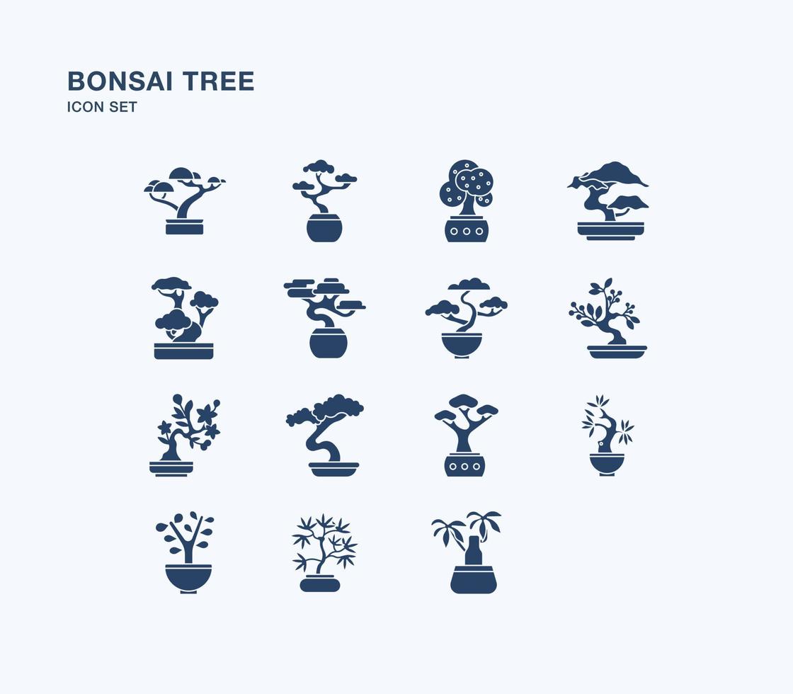 bonsai träd solid ikonuppsättning vektor