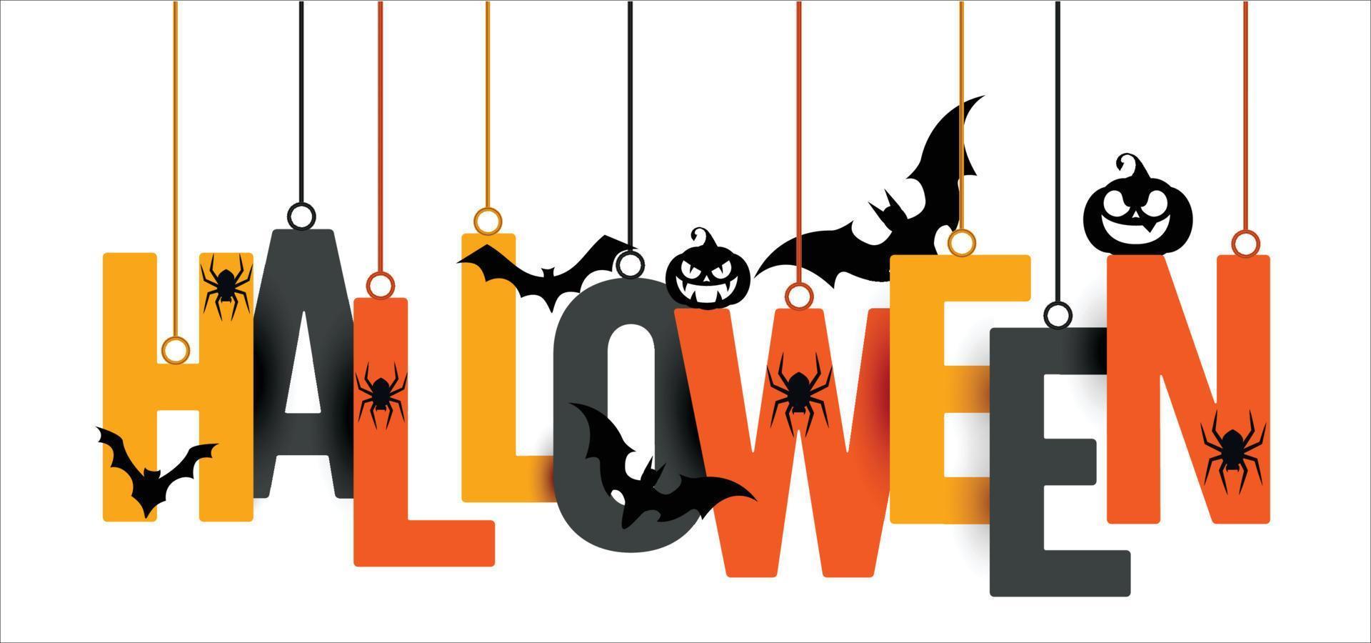 halloween hängende buchstaben mit fledermäusen, kürbis und spinne vektor