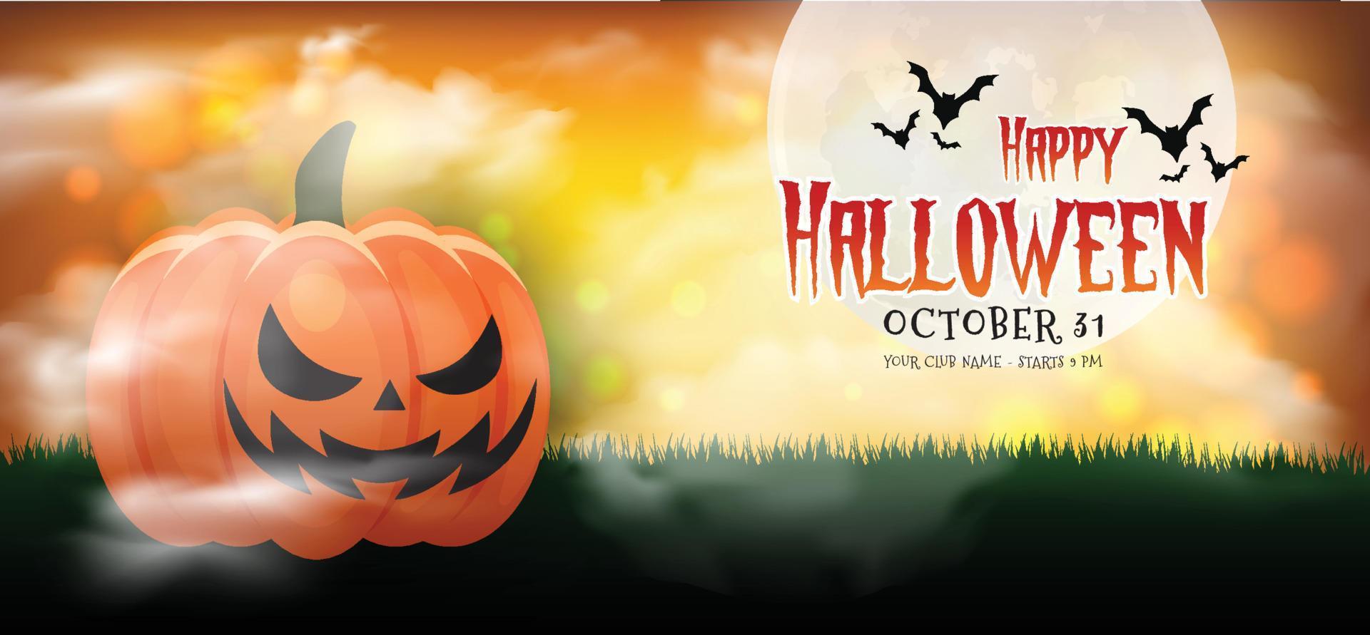 glad halloween banner eller partyinbjudan bakgrund med nattmoln och pumpor stil. vektor illustration. fullmåne på himlen