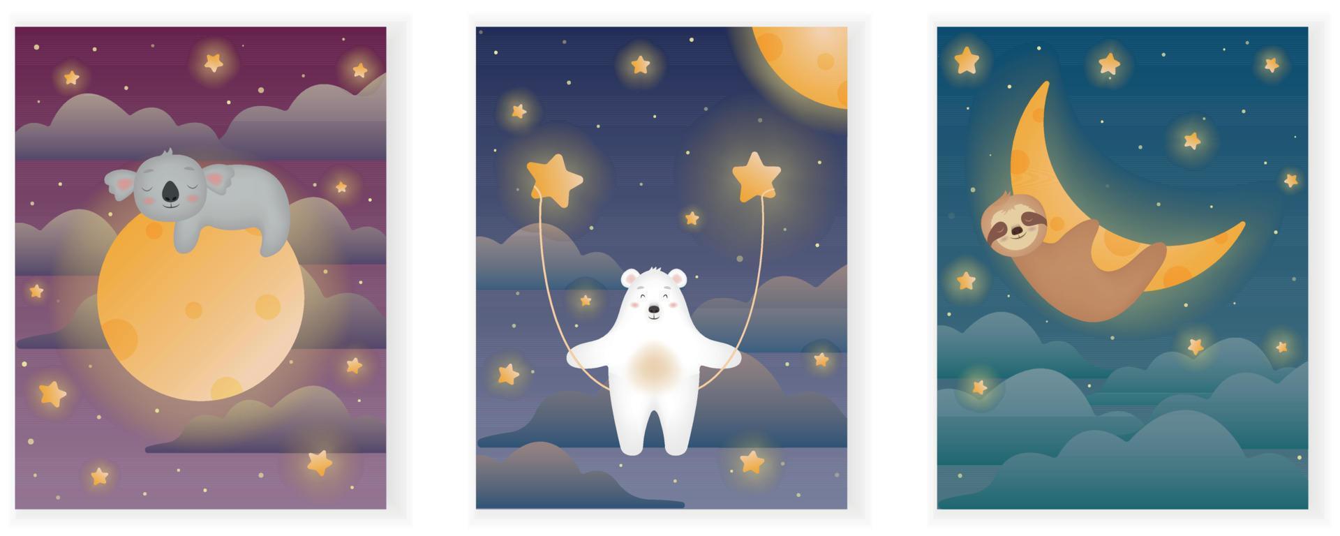 schlafende Tiere für Kinder. Magischer Sternenhimmel mit süßem Koala, Bär und Faultier. Weltraum. satz von vektorillustration vektor