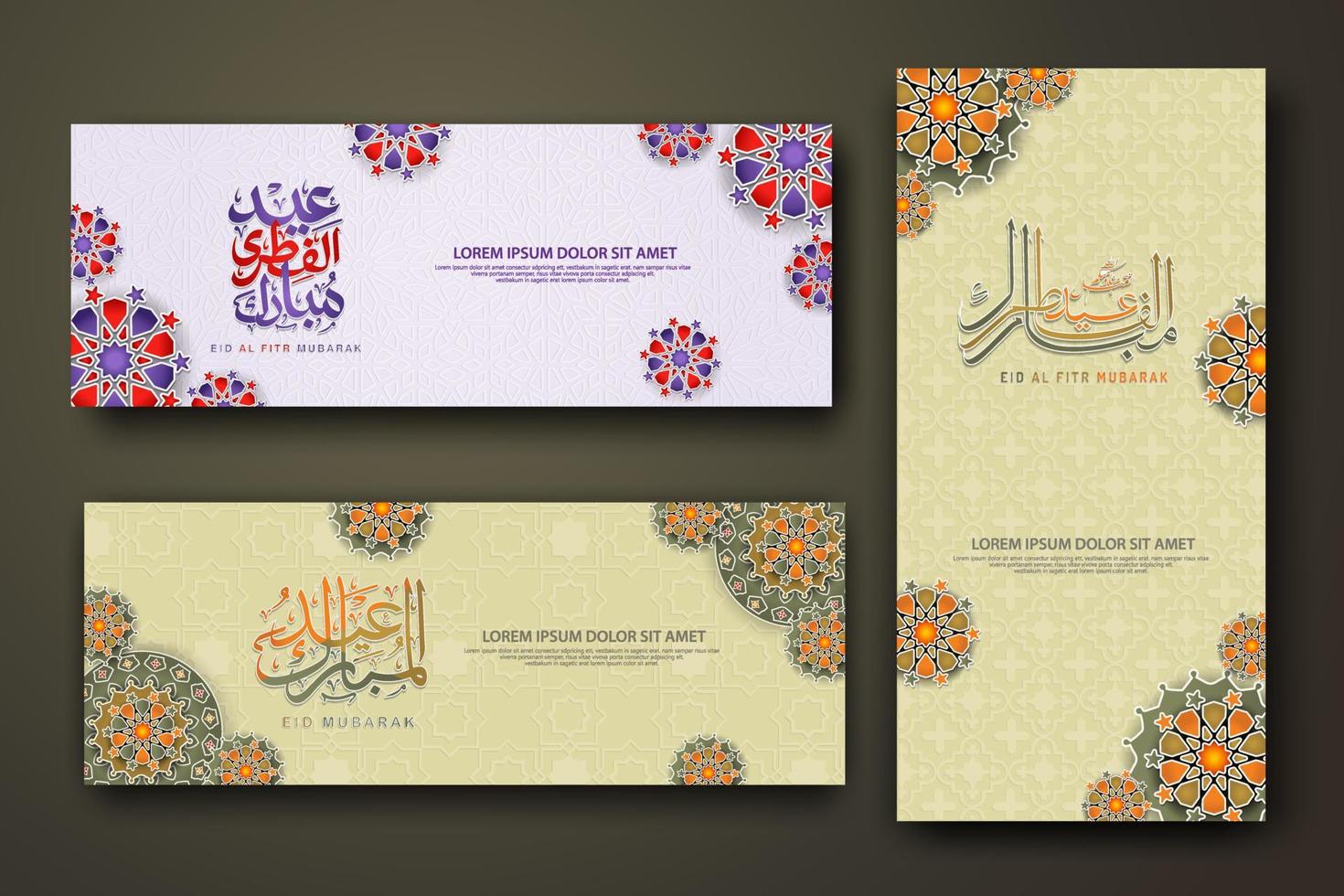 eid al fitr koncept banner med arabisk kalligrafi och 3d papper blommor på islamiska geometriska mönster bakgrund. vektor illustration.