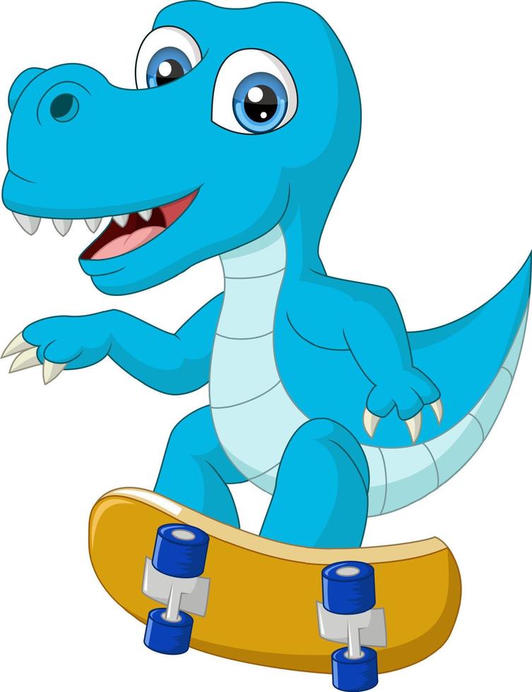 niedlicher Cartoon des blauen Dinosauriers, der Skateboard spielt vektor